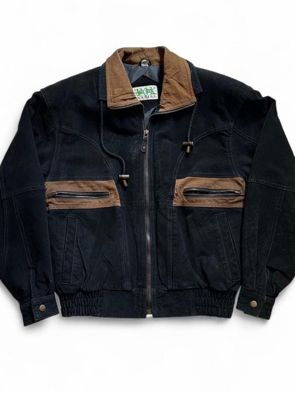 Vintage 1990s Black & Brown Contrast Zip-Front Bomber Jacket S